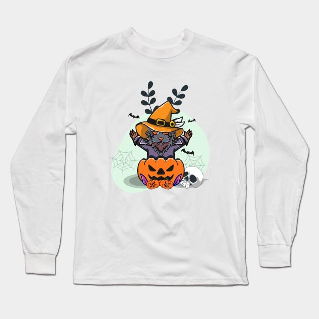 Angry Halloween Cat ,Halloween Carved Pumpkin Cat,Meow I Mean Boo,Pumpkin Cat Long Sleeve T-Shirt by ShirtyArt